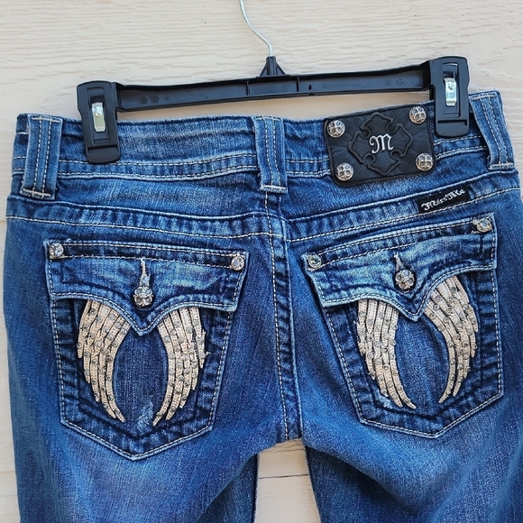 Miss Me Dark Blue Boot Cut Jeans Fallen Angel Wings Gems Rhinestones Embroidered - Picture 8 of 14